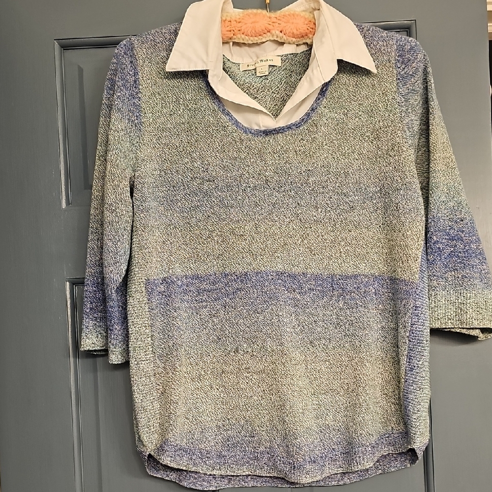 VINTAGE Studio Works Knit Sweater White Collar Blue 3/4 Sleeve Retro 80s